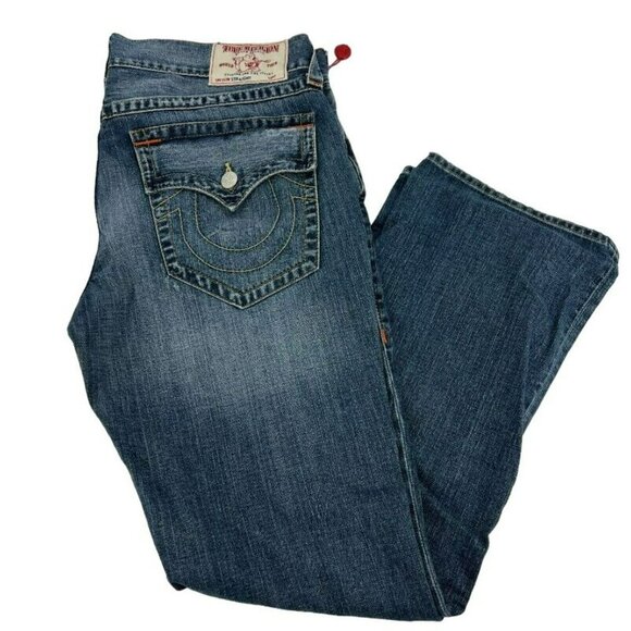 True Religion Medium Wash Distressed Straight Flared Jeans Mens Size 38 - Picture 1 of 9